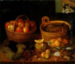 Un Chat Observant Par Une Lucarne Des Fruits, Poissons Et Gibier Poses Sur Une Table by Pieter Binoit