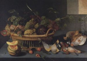 Stilleben Mit Weintrauben In Einem Korb Sowie Einer Melone Und Erlegtem Federwild Auf Einem Steinernen Tisch by Pieter Binoit