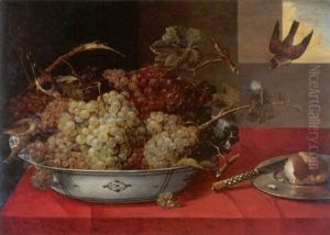 Still Life Of Grapes In A Wanli Kraak Porcelin Bowl, A Bread Roll On A Pewter Plate And A Knife, All Resting On A Table