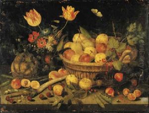 Plums And Redcurrants In A Basket, Tulips, Poppies And Other Flowers In A Vase, With A Gourd, Peas, A Parsnip And Other Fruit On A Stone Ledge