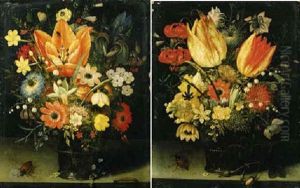 Tulips, Roses, A Cornflower, Primroses And Other Flowers In A Roemer, With A Snail, Two Beetles, A Ladybird And A Caterpillar On A Ledge
