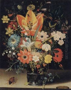 Still Life Of Tulips, Carnations, Daisies And Other Flowers In A Glass Vase With A Betle, An Ant And A Caterpillar, All Upon A Stone Ledge by Pieter Binoit
