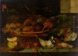 A Basket Of Grapes, With Other Fruit And Dead Birds On A Ledge