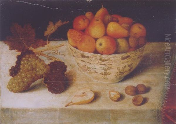 Apples, Pears And Walnuts In A Wan-li Bowl, With Grapes, A Pear And Walnuts On A Draped Table - view 1