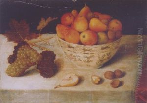 Apples, Pears And Walnuts In A Wan-li Bowl, With Grapes, A Pear And Walnuts On A Draped Table by Pieter Binoit