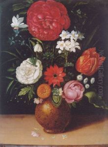 A Still Life Of Roses, Narcissi. A Tulip, A Snowdrop And Other Flowers In A Pottery Vase On A Wooden Ledge by Pieter Binoit