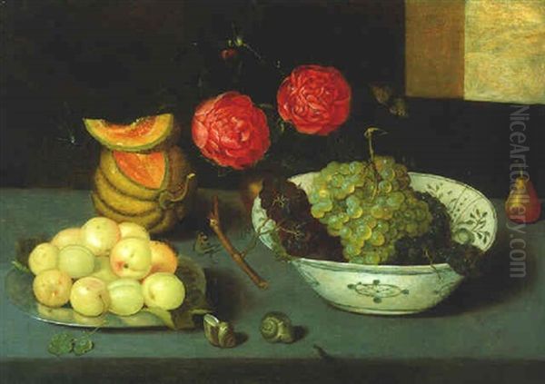 Fruit In A Bowl With A Vase Of Red Roses, Shells, A Dragonfly And Other Insects On A Ledge - view 1