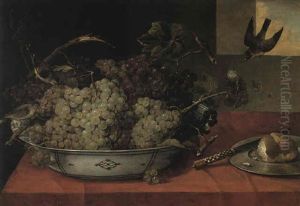 Bunches Of Grapes In A Bowl, Bread On A Plate And Finches On A Draped Table