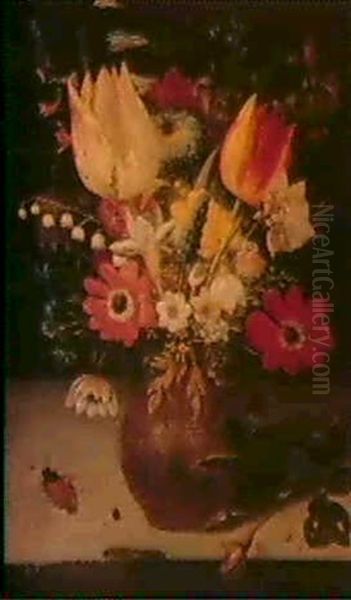 A Still Life Of Flowers In An Earthenware Vase On A Ledge - view 1