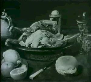 Still Life Of Chickens On A Plate, With Bread, Oranges And  A Lemon, Glasses, A Salt Cellar, A Knife And Jug On A Table