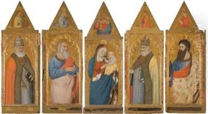 The Madonna And Child Flanked By An Evangelist, Probably John, And Saints Peter, Gregory And Bartholomew (collab W/workshop)(polyptych) by Giovanni del Biondo