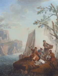 Paysage Mediterraneen, Avec Pecheurs En Barque Relevant Leur Filet, Et Marins Sur La Greve Admirant Un Poisson Volant