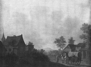 Belgische Landschaft Mit Bauern Und Pferdekarren Auf Dem Dorfweg by Charles-Jerome Biot