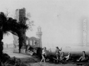 A Capriccio Of A Mediterranean Landscape At Sunset With Figures Beside Classical Ruins, An Estuary And A Coastal Town Beyond by Charles-Jerome Biot