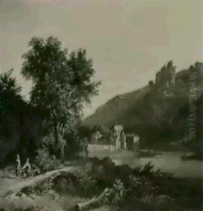 Romantische Flusslandschaft Mit Einer Klosteranlage An Der  Flussbiegung Links Und Bewal- Deten, Felsigen Uferhangen.