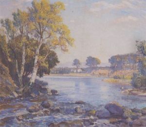 River Landscape With Cattle Grazing On The Far Bank River Landscape With Cattle Grazing On The Far Bank