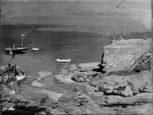 Fishing Boats In A Cove, With Figures On A Quay by Samuel John Lamorna Birch