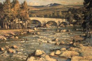 The River Dee With A Fisherman By The Auld Bridge And Lochnagar Beyond by Samuel John Lamorna Birch