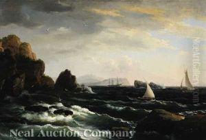 Fishing Boats Off Rocky Coast With Schooner In The Distance