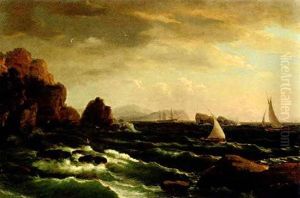 Fishing Boats Off A Rocky Coast With A Fishing Schooner In The Distance Fishing Boats Off A Rocky Coast With A Fishing Schooner In The Distance