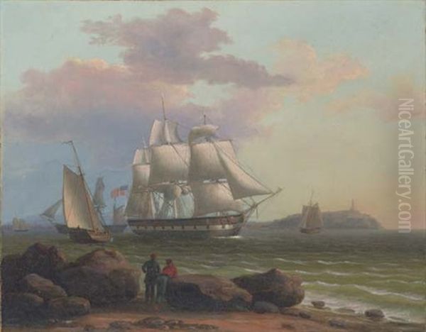 An American Merchantman Backing Her Sails As She Heaves-to Off A Rocky Shore - view 1