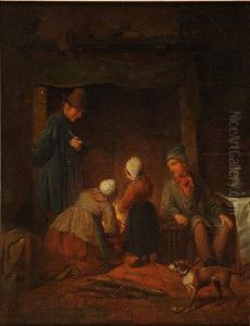 Cottage Interior With Family Gathered Around Askindling Is Added To The Fire by Jacob Akkersdyk