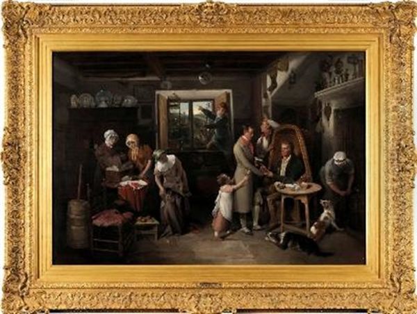The Departure For London', Interior Scene With Figures Preparing For A Son's Departure by Edward Bird