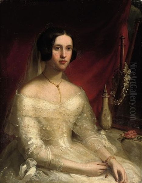Portrait Of A Lady In A Wedding Dress Seated At Her Dressing Table - view 1