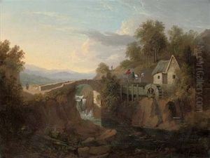A Wooded Hilly River Landscape With A Watermill, And Figures And A Horse And Cart Beyond
