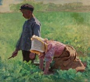 Two Children Weeding In A Field Two Children Weeding In A Field