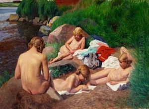 After The Swim. Girls Sunbathing In The Grass At The Sea Between Faborg And Dyreborg, Funen by Jens Birkholm