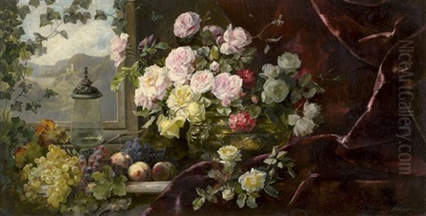 Stillleben Mit Rosenbouquet Und Glasvase, Im Hintergrund Blick In Die Landschaft - view 1
