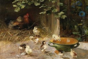 Hens With Chicks by Franz Xaver Birkinger