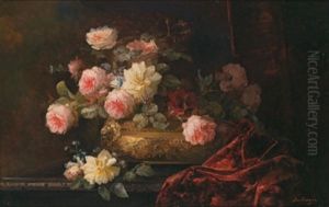 Stillleben Mit Rosen Und Vergismeinnicht