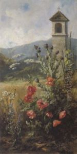 Mohnblumen, Disteln Und Spitzwegerich Vor Einem Kornfeld, Im Hintergrund Weitlaufige Burganlage