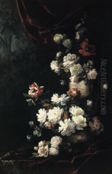 Floral Still Life Before A Velvet Curtain In A Landscape - view 1