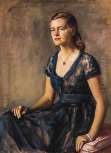 Portrait Of Pamela Woolworth, In A Blue Dress by Oswald Hornby J. Birley