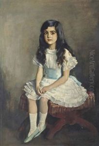 Portrait Of A Young Girl, Full-length, In A White Dress Sitting On A Red Stool by Oswald Hornby J. Birley