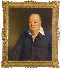 Portrait Of Sir Winston Churchill, Half Length, Wearing A Siren Suit by Oswald Hornby J. Birley