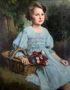 Portrait Of A Girl Wearing A Blue Dress And Holding A Basket Of Flowers
