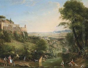 A Wooded River Landscape, With Peasants On A Shore, Classical Ruins And A Villa Beyond