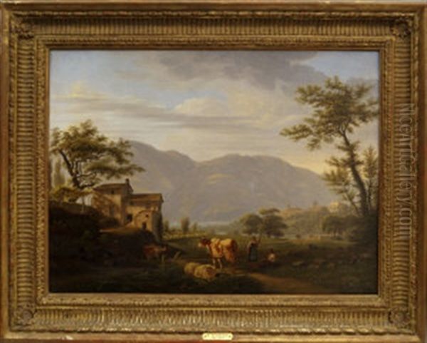 Figures Resting By A Farm House With Sheep And Cow Grazing And Mountainous Landscape Beyond - view 1