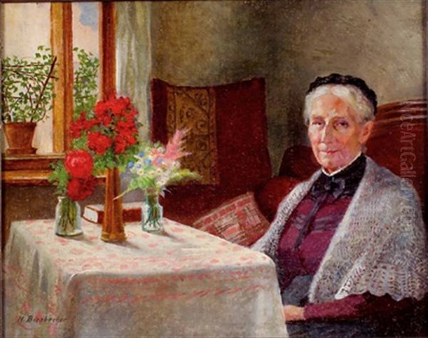 Frau An Blumenbedeckten Tisch Sitzend - view 1