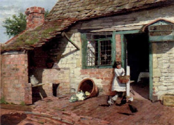 Girl In A Cottage Doorway Feeding Chickens - view 1