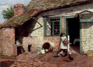 Girl In A Cottage Doorway Feeding Chickens by William Verplanck Birney