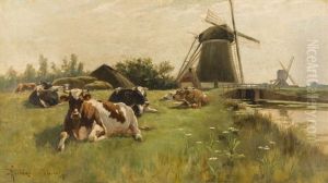 Cattle In A French Landscape With Windmill And Wildflowers by Henry Singlewood Bisbing