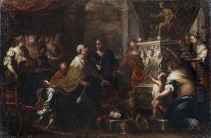 Salomon Sacrifiant Aux Idoles (+ Moise Sauve Des Eaux; Pair) by Bartolomeo Biscaino