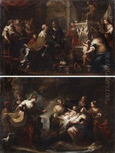 Salomon Sacrifiant Aux Idoles ( + Moise Sauve Des Eaux; Pair) by Bartolomeo Biscaino
