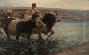 Woman With Cattle Crossing A Stream by Franz Arthur Bischoff