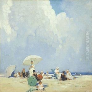 Atmospheric Beach Scene With Women And Children by Franz Arthur Bischoff